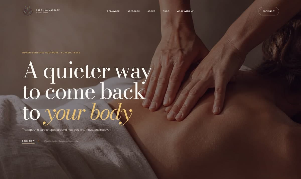 Carolina Massage website with warm tones and full-width massage photography